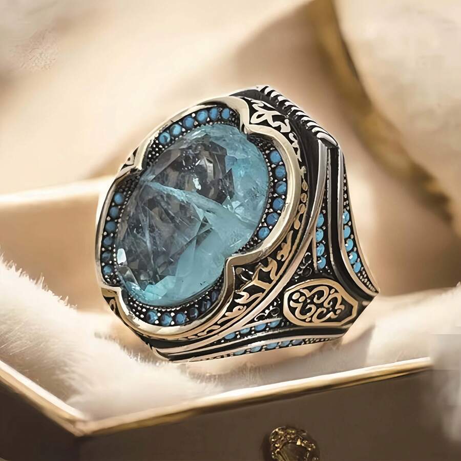Men's Bohemian Ring - Ice Blue Center Stone With Black Accent - Vintage Jewelry For Parties, Beach Vacations, Casual Attire - Durable Statement Ring - Ideal Anniversary, Valentine's, Graduation Gift For Him - Year-Round Jewelry - 藍色 - 查看 1
