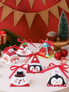 12 pièces Boîte à bonbons triangulaire de Noël, 6 styles de boîte à bonbons en papier de dessin animé avec ruban, boîte-cadeau de Noël avec Père Noël