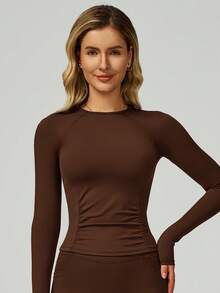 Women's Long-Sleeved Cropped T-Shirt, Tight-Fitting One-Piece Long Pants, Women's Yoga One-Piece Suit, Exercise Long-Sleeved Sports One-Piece Pants, Quick-Drying And High-Elasticity - 咖啡棕 - 查看 5