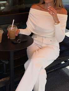 Nouveau Top élégant et en tissu tricoté de couleur unie, avec fronces à la taille et épaules dénudées. Convient pour les voyages, les sorties, le port quotidien, les vacances