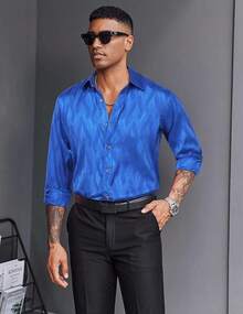 Men's Silk Satin Dress Shirts Jacquard Long Sleeve Floral Button Up Shirts Party Prom Wedding Shirthalloween - 藍色扭曲 - 查看 7