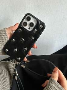 Étui de téléphone  noir premium 3D avec étoile argentée compatible avec l'iPhone 16 Pro Max, l'iPhone 15 nouvelle version 16 Pro avec dragonne, design minimaliste pour l'iPhone 14 Pro Max, l'iPhone 13, couverture complète