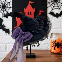 Women Halloween Gothic Witch Hats Lace Bow Personality Pointed Cap Cosplay Wizard Caps - 紫色 - 查看 5