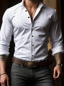 Men's White Geometric Print Shirt, Slim Fit Long Sleeve Single-Breasted Collared White Shirt, Suitable For Spring, Summer, Autumn, Elegant And Fashionable Top For Business And Formal Occasions, Made Of Polyester - Blue and White - View 7