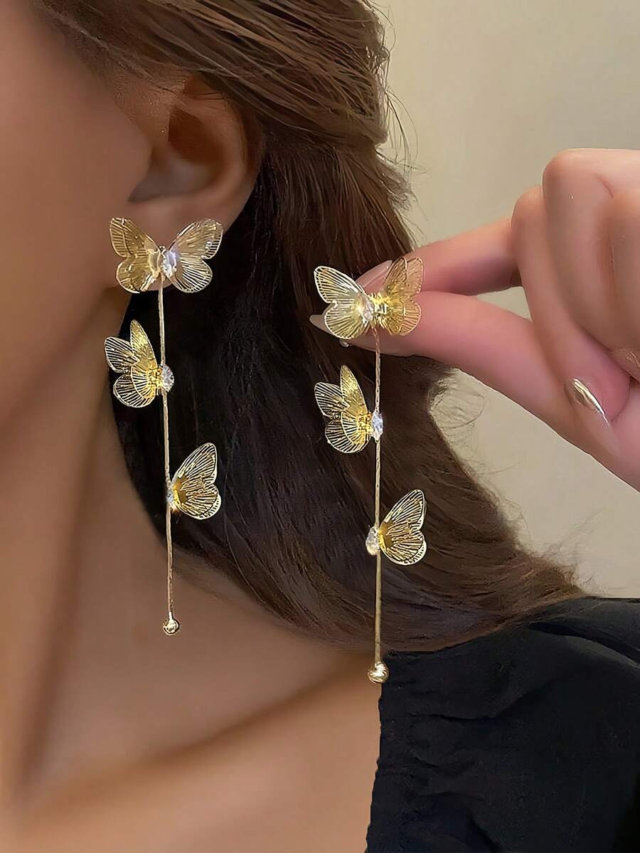 1 Pair Women's Gold Butterfly Rhinestone Earrings, Fashionable And Suitable For Daily Wear