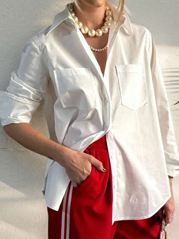 Blusa casual de unicolor para mujer, camisa de oficina simple con bolsillo y botones para uso diario, otoño/invierno