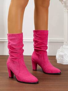 粗跟休闲靴圆头绒面革修身高筒靴女款，秋冬新款中筒马靴，仿皮草，酒红色 - 西瓜粉 - 查看 4