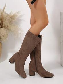 秋冬女士时尚复古棕色粗跟侧拉链过膝长靴，派对靴 - 棕色 - 查看 6
