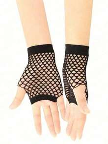 1 Pair Of Solid-Color High-Elastic Fishing Net Gloves, Short Open-Weave Fingerless Gloves, Punk-Style Decorative Gloves, For Party And Nightclub Dance Performances