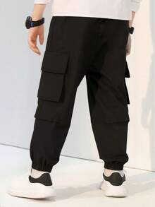 1 条男童时尚宽松休闲多口袋工装裤，适合日常穿着 - 黑色 - 查看 2