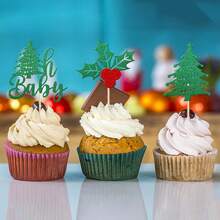 12/24 PCS Christmas Tree OhBaby Cupcake Toppers Glitter Holly Leaves And Berries BabyShower Christmas Cupcake Picks For Christmas Theme Birthday Party Cake Decorations Supplies