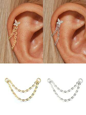 EleRunis 1 szt. kolczyki z motylem ze srebra próby 925, zawieszka na łańcuszku, płaski tył, przekłucie chrząstki, przekłucie helisy, biżuteria do codziennego noszenia, wesele, zaręczyny, rocznica, Walentynki