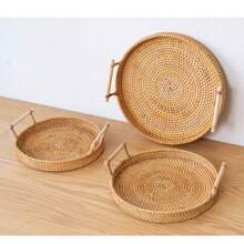 1 giỏ đựng trái cây/giỏ đựng bánh mì đan thủ công có quai xách, khay phẳng, giỏ đựng trái cây đan thủ công, giỏ đựng bánh mì kiểu Nhật, giỏ hấp, giỏ đựng đồ phòng khách, khay trưng bày - Màu gỗ - Xem 3