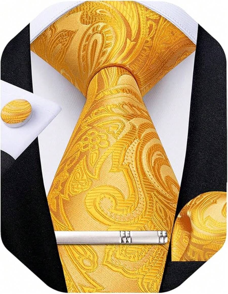 Conjunto de corbata de seda con estampado floral, incluye pinza de corbata, pañuelo y gemelos - Naranja - Ver 1