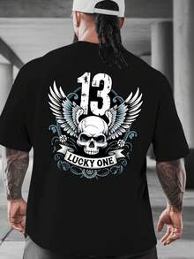 Luck One 13 Nueva Camiseta de Verano para Hombre con Estampado en la Espalda, Camiseta de Manga Corta, Top de Moda y , Camiseta de Base de Cuello Redondo para Primavera y Verano, Versátil y Transpirable, Adecuada para Vacaciones en la Playa - Negro - Ver 2