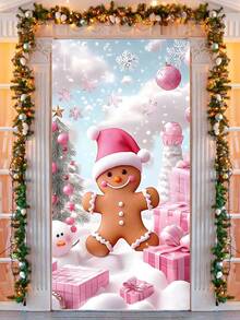 Copertura per porta natalizia da 90x180cm in poliestere rosa a tema natalizio festivo con caramelle pan di zenzero, per decorazioni interne ed esterne, feste e vacanze