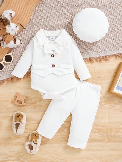 3pcs Baby Boys Christening Outfit Set, Long Sleeve Lapel Patchwork Waffle Texture Vest 2 In 1 Bodysuit + Pants + Hat, Bow Tie Decor, Casual & Comfortable, Suitable For Autumn/Winter, Great Gift Idea