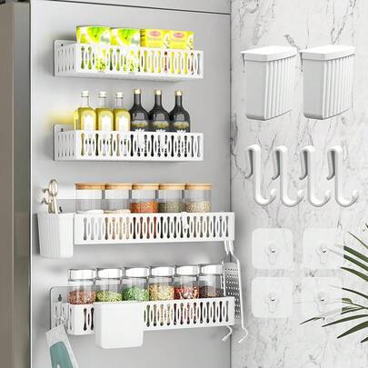 4 Pack Magnetic Spice Rack For Refrigerator, Spice Rack Organizer, Moveable Magnetic Shelf Fridge Organizer With 4 Hooks For Kitchen And Oven Organization, Black