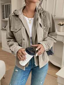 Women's Casual Waffle Knit Hooded Zip Up Jacket, Oversized Lightweight Spring Jacket With Pockets - Light Grey - View 5