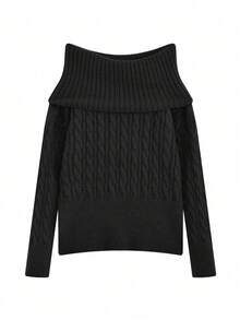 女式露肩套头毛衣，休闲宽松厚针织上衣，秋冬 - 黑色 - 查看 3