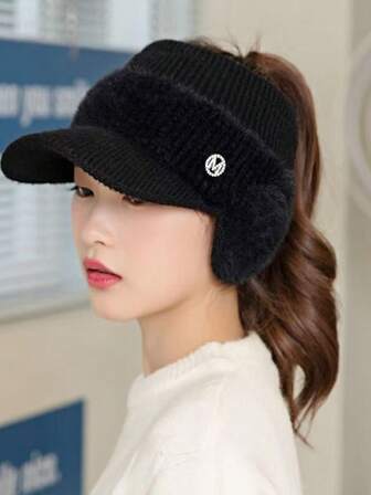 纯色涤纶纤维镂空针织运动帽，女士款，可扎马尾辫，遮阳帽，多功能，保暖内衬，户外针织帽，秋冬季