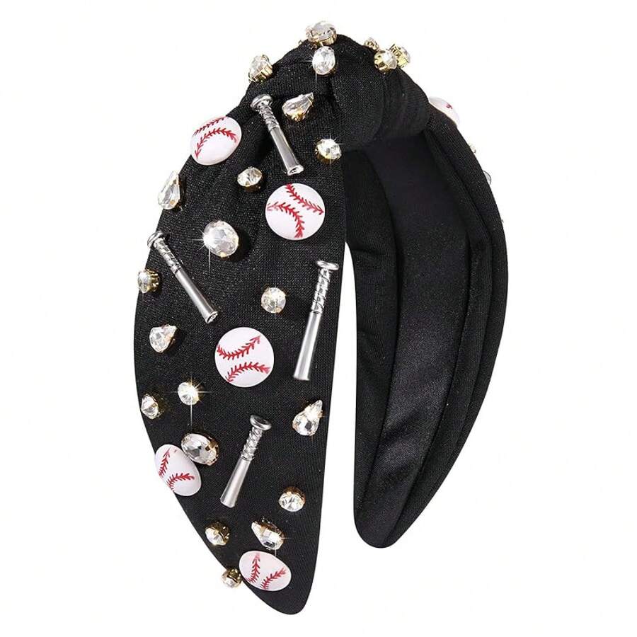 Knotted Headband For Women - Sport Hairband With Baseball Charms, Crystal Jeweled Embellished Wide Top Knot Headpiece For Game Day, Funny Gift For Ladies And Girls Fans (BLACK) - Bóng chày thắt nút màu đen - Xem 1