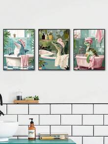3PCS Blue Ocean Theme Bathroom Wall Art Gator Dolphin And Sea Turtle In Bathtub Picture Wall Decor Tropical Coastal Animals Poster Canvas Print Artwork, Bedroom Decor, Living Room Decor, Office Decor, Dining Room Wall Decoration, Kitchen Decor, Study Room, Corridor, Dormitory Decoration, Bathroom Decor,Ideal Gift For Friends, Wall Arts, Wall Decor, Home Decor, Room Decor, Canvas Wall Art, Posters, Wall Art With Frame, Optional Frame ﻿ ﻿ - Multicolor - View 7