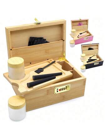 Stor förvaringslåda i bambu med avtagbar bricka och burkar - Dekorativa lådor, glasburkar och tillbehör, förvaringssats i trä och tillbehör till verktyg. Tillbehör, förvaringssats i trä och tillbehör till verktyg för hemmet. Utmärkt presentval, soffbord, sängbord, displayhyllor eller elegant dekor för ditt hem, födelsedagspresenter.