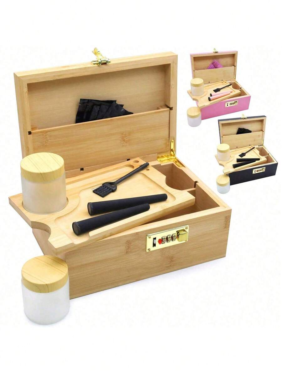 Duże bambusowe pudełko do przechowywania z wyjmowaną tacką i słoikami – dekoracyjny zestaw pudełek, szklanych słoików i akcesoriów. Drewniany zestaw do przechowywania i akcesoriów do domu. Świetny wybór na prezent, stoliki kawowe, stoliki nocne, półki ekspozycyjne lub elegancka dekoracja do domu, prezenty urodzinowe.