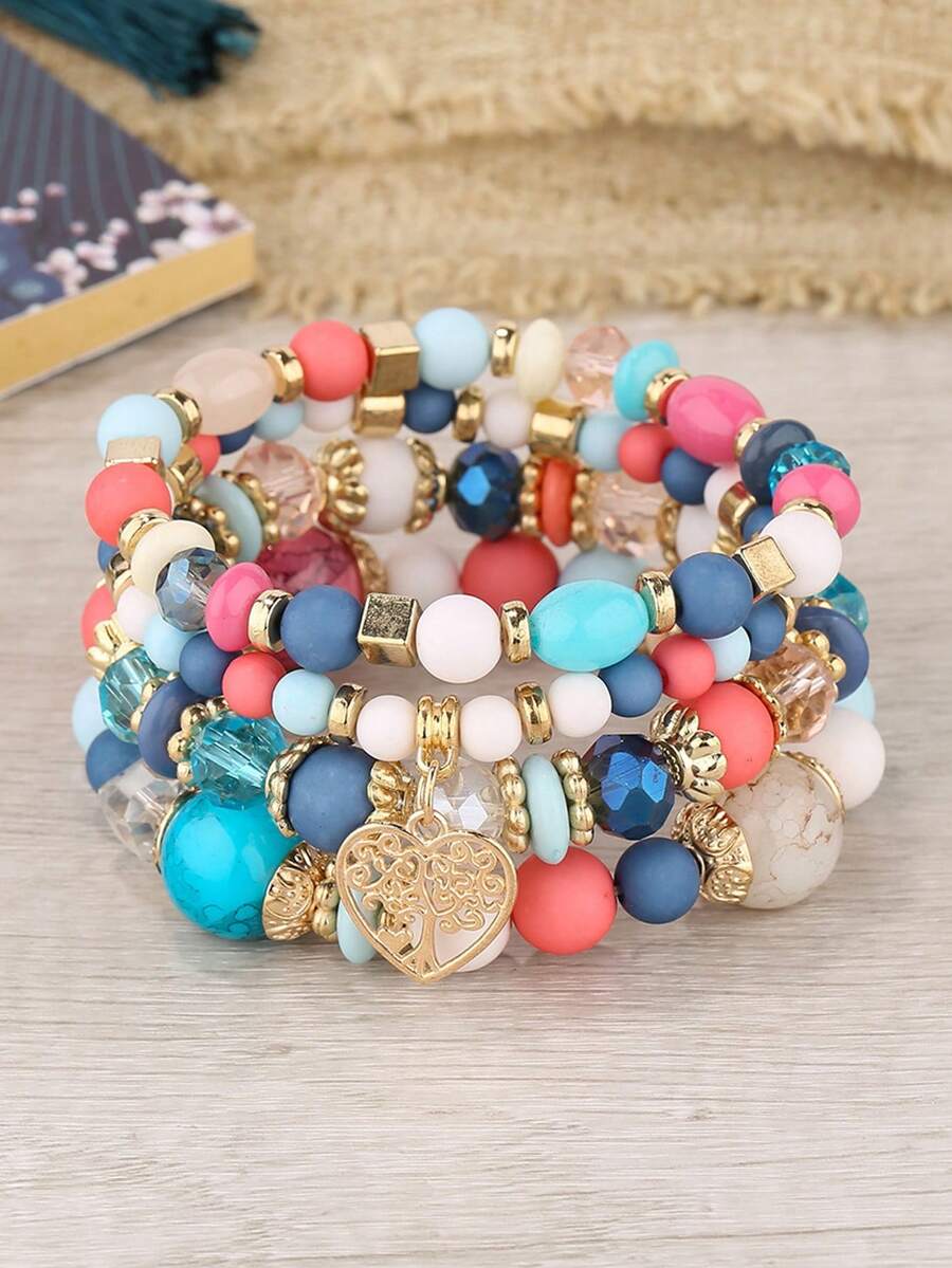 4pcs Simple Beaded Heart Pendant Multilayered Bracelet For Women Valentines,Mom,Mother,Mother's Day,Gift - Hỗn hợp nhẹ - Xem 1