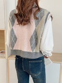 Vintage Collegiate Style Contrast Color Argyle Pattern Knit Vest, No Shirts - Pink - View 3