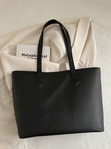 女士时尚休闲通勤单肩包，纯色大容量手提包适合约会、旅行、户外购物 - 黑色 - 查看 4