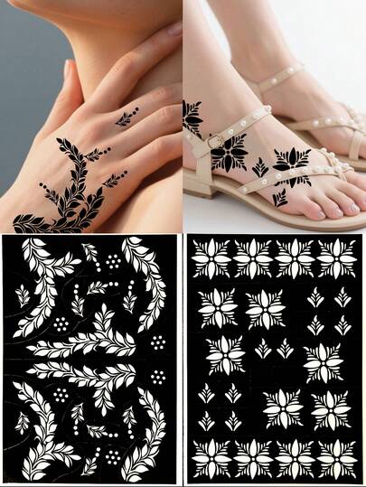 2 张花朵指甲花模板 - 花卉 Mehndi 纹身模板，适用于手和脚，非常适合 DIY 美容身体艺术和临时 Mehndi 化妆