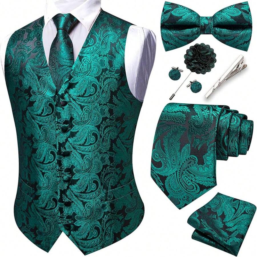 Formal Men Vest V-Neck Suit Vests Tie Bowtie Set Paisley Jacquard Waistcoat Clip Hanky Cufflink Lapel Pin Wedding 8PCShalloween - 墨綠色 - 查看 1