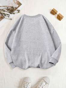 Sudadera gris de cuello redondo con estampado de gatito negro para niñas, de moda y casual, cómoda de llevar, adecuada para actividades de ocio, deportes, viajes, fiestas y campus - Gris - Ver 4