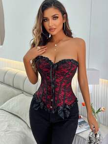 Corset bustier overbust sans bretelles pour femmes, top moulant avec détail nœud en dentelle, fermeture par boutons à l'avant, laçage dans le dos, convient pour Halloween - Rouge foncé - Voir 8