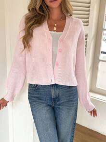 كارديجان محبوك وردي لطيف للنساء: أكمام طويلة مزرّرة، ملابس علوية كاجوال متعددة الاستخدامات للخروجات اليومية