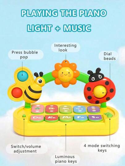 1 pieza Piano musical de bebé, juguete de música e iluminación, juegos de ritmo y reproducción de canciones, juguete educativo interactivo para el desarrollo temprano, desarrollo motor y cognitivo, regalo, volumen ajustable, multi-modo, almacenamiento portátil, adecuado como regalo para bebés