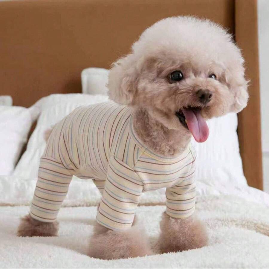 1 pieza Ropa para mascotas, Camiseta interior casual y linda a rayas en color albaricoque con 4 patas, anti-pelos, adecuada para gatos y perros pequeños, para todas las estaciones