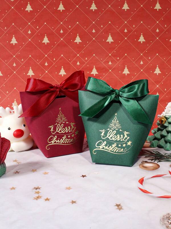 10 piezas de cajas de regalo navideñas con letras doradas que dicen "Feliz Navidad", variantes rojas y verdes adornadas con lazos de cinta de satén lujosos, ideales para difundir alegría festiva como regalos, recuerdos de fiesta y piezas decorativas navideñas