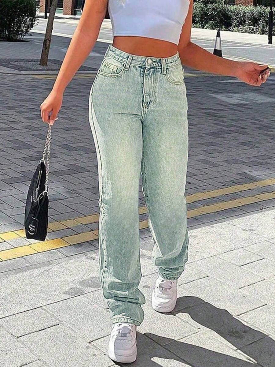 Jeans informales de pierna entallada con bolsillos y rotos en la rodilla de unicolor para mujer - Azul Marino - Ver 1