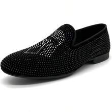 Men's Pointed Toe Rivet Dress Shoes Glitter Modern Metallic Slip On Loafers Plus Size-20256688 - Black02 - View 1