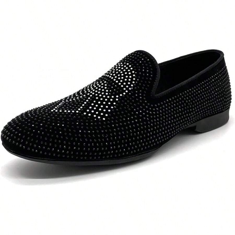 Men's Pointed Toe Rivet Dress Shoes Glitter Modern Metallic Slip On Loafers Plus Size-20256688 - Black02 - View 1