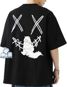 [uptoyou] Camiseta para Hombre, Manga Corta, Patrón de Gato, Un Punto, No Transparente, Algodón, Tacto Suave, Otoño, Absorbe Sudor, Secado Rápido, Silueta Grande, Talla Grande, Linda, Estampado, Cuello Redondo, Tops, Estilo de Calle, Unisex, Capas de Otoño e Invierno - Negro - Ver 10
