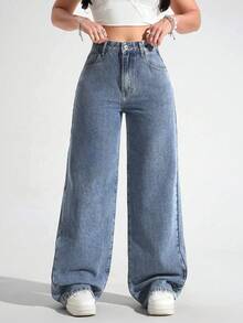 Jeans que sobreviven a 10 tacos al pastor Mezclilla Anchos Jeans Pierna acampanados Talla Grande para Mujer Cintura Alta Elásticos Pantalones Larga Duración y Suelta - Azul - Ver 4
