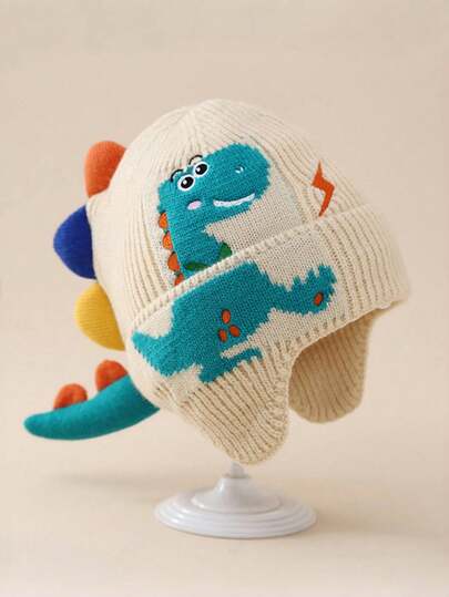 1 件儿童护耳帽，温暖厚针织恐龙图案无檐帽，适合男孩女孩，适合 3-8 岁，秋冬季