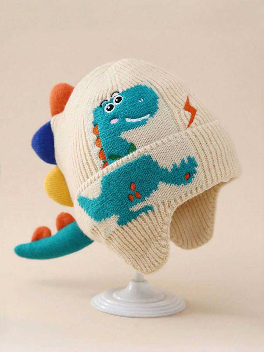 1 件儿童护耳帽，温暖厚针织恐龙图案无檐帽，适合男孩女孩，适合 3-8 岁，秋冬季