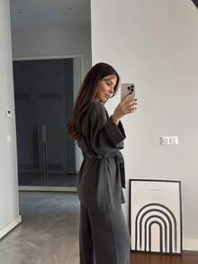 Women's Elegant 2 Pieces Set, Notched Neck Tie Front Loose Fit, Slightly Stretchy Fabric, Suitable For Winter Wear - Dark Grey - View 6