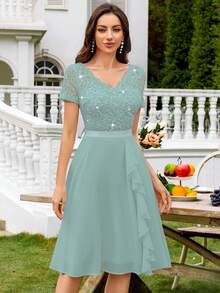 MIUSOL Vestido de gala de gasa con cuello en V, encaje con lentejuelas y volantes, elegante vestido de fiesta para mujeres, adecuado para fiestas formales, vacaciones, ceremonias de graduación y otras ocasiones - Azul menta - Ver 5