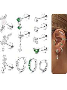 12 件女士平背软骨耳环 - 防过敏手术不锈钢耳钉环软骨耳环套装耳甲海螺耳屏耳轮穿孔珠宝